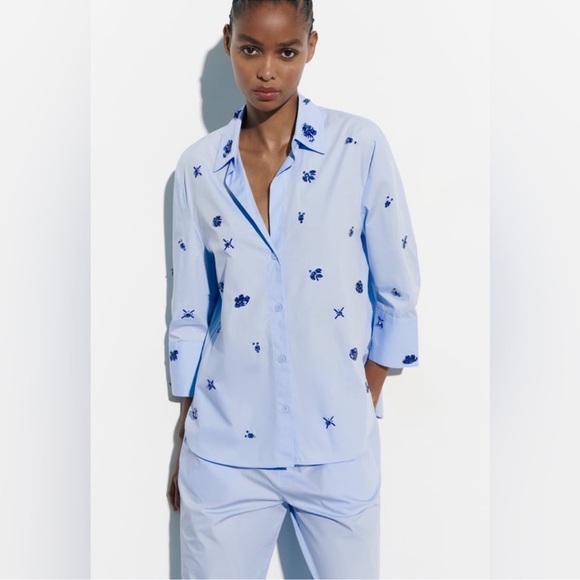 ZARA JEWEL POPLIN SHIRT AND PANTS BLUE SIZE M - Picture 4 of 7